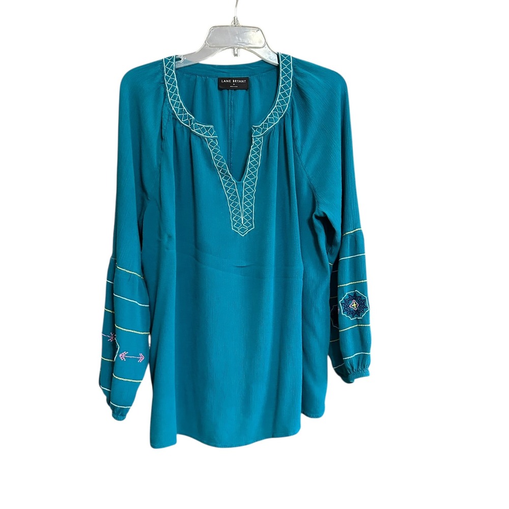 Lane‎ Bryant Teal Green Embroidered Tunic Peasant Top Long Sleeve V-Neck Size 16